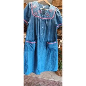 Country blue cotton smock house dress embroidery short sleeve Go Softly large